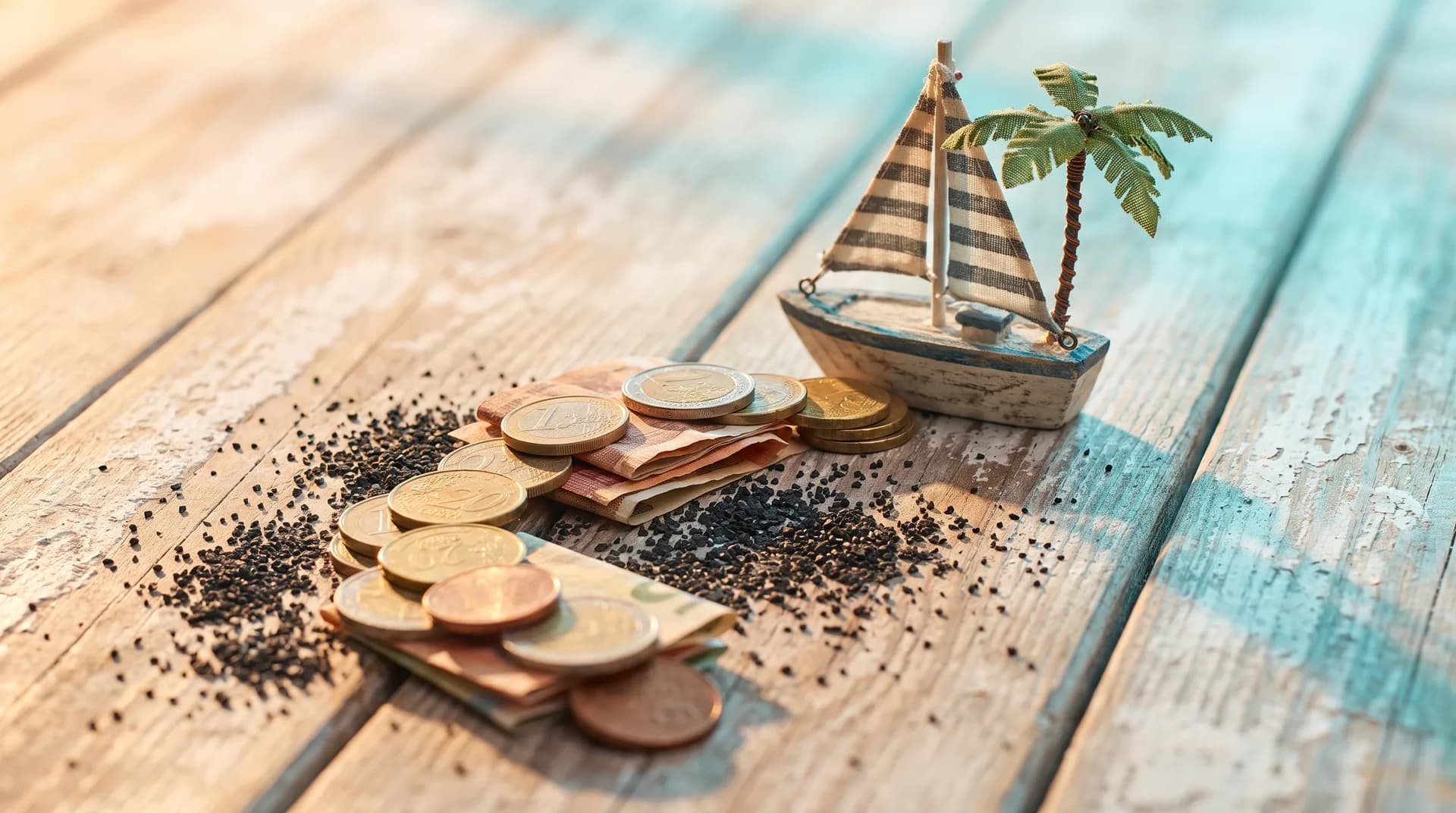 Monedas y billetes de euro dispuestos como un camino hacia un pequeño barco de vela de juguete con una palmera, sobre tablas de madera desgastadas con arena negra volcánica