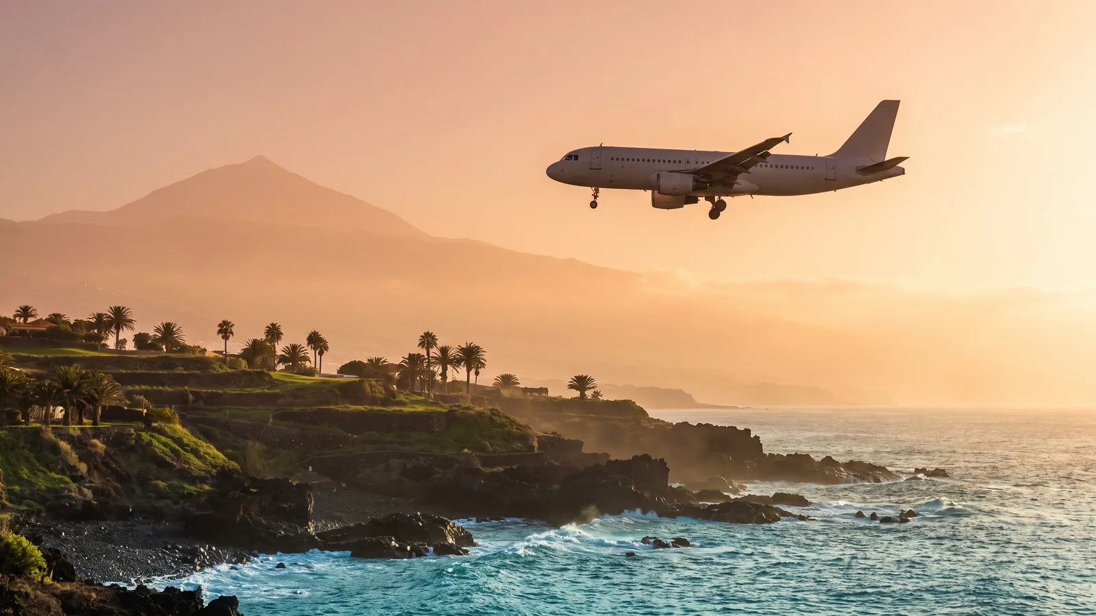 Avión aterrizando sobre la costa de Tenerife al atardecer, con el Teide al fondo: cómo llegar a la isla