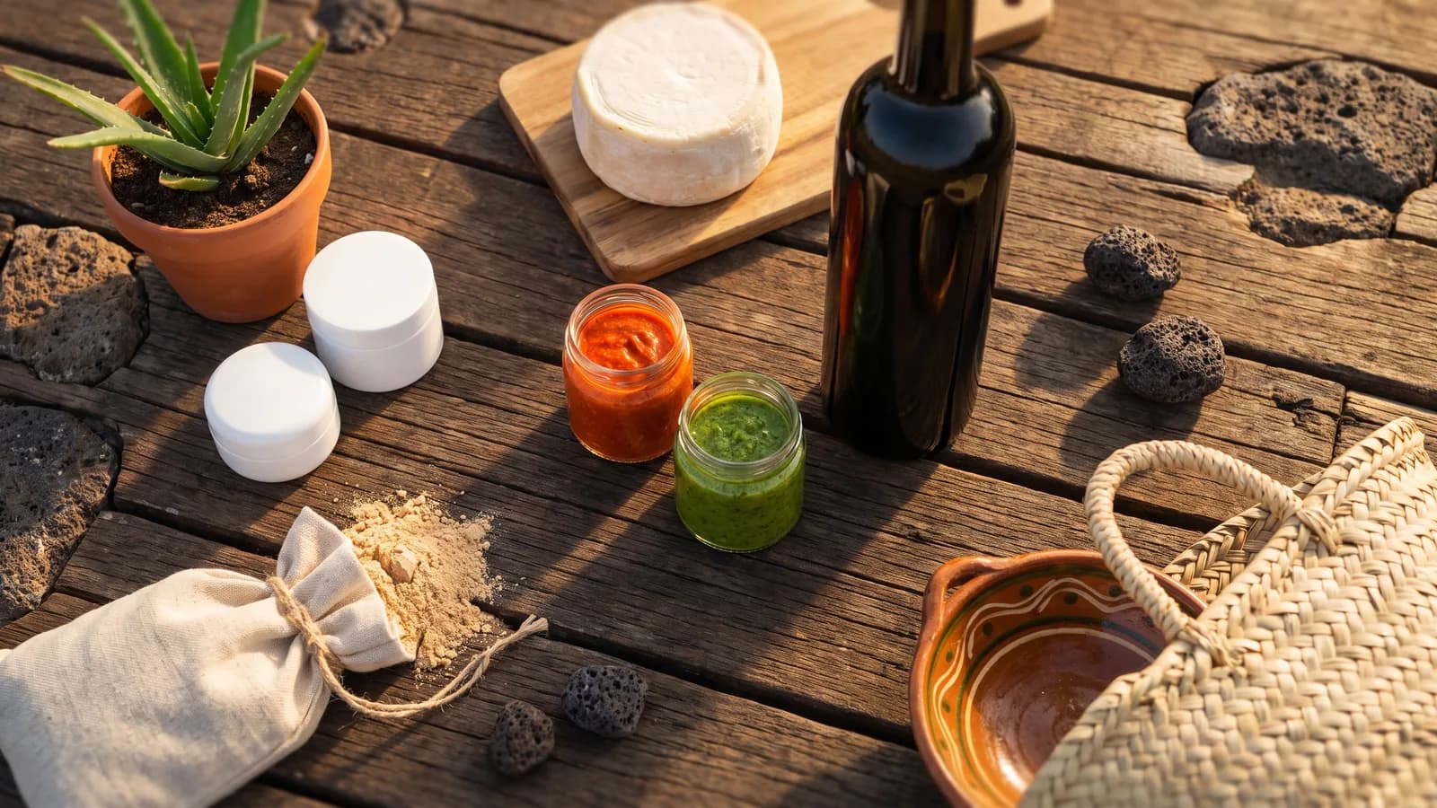 Productos típicos de Tenerife sobre una mesa de madera: tarros de mojo rojo y verde, vino canario, queso de cabra, gofio, aloe vera y cesta de palma