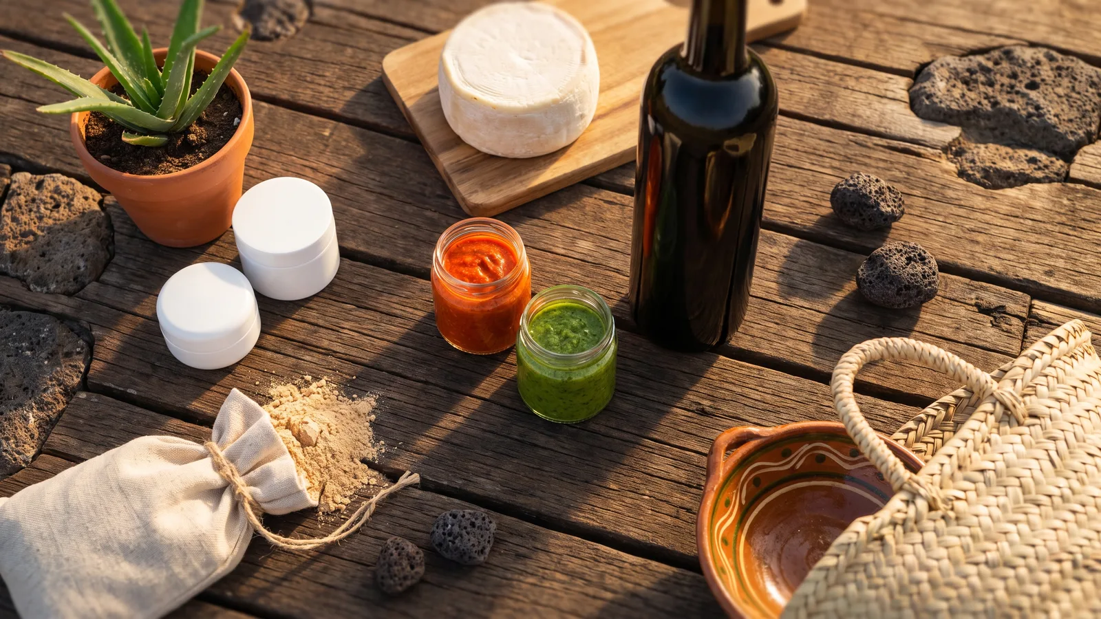 Local Tenerife products on a wooden table: jars of red and green mojo, Canarian wine, goat cheese, gofio, aloe vera and a palm basket