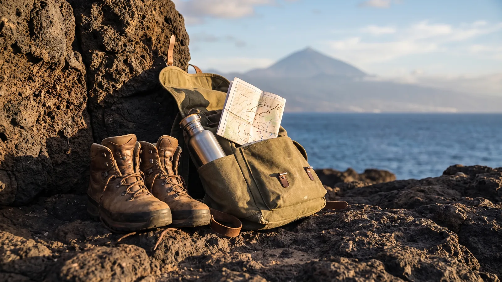 Botas de senderismo, mochila, cantimplora y mapa sobre roca volcánica negra en Tenerife, con el Teide y el océano al fondo