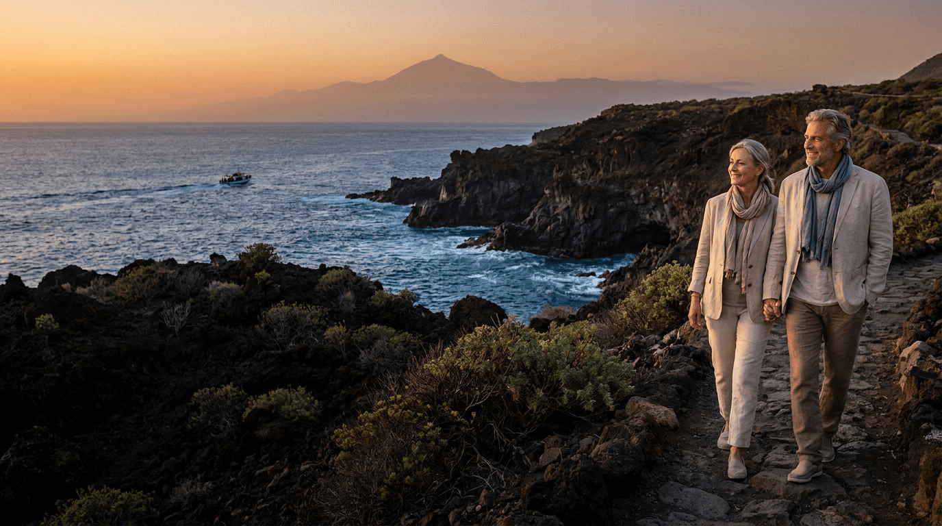 Mature couple walking on a coastal path with the ocean and Mount Teide behind them at sunset in Tenerife