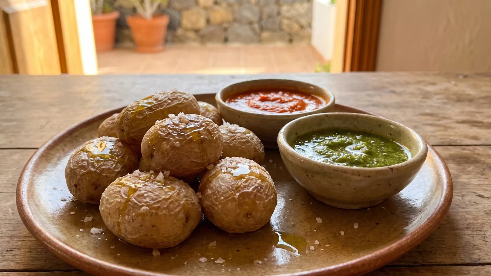 Papas arrugadas canarias con mojo verde y mojo rojo servidas en un plato