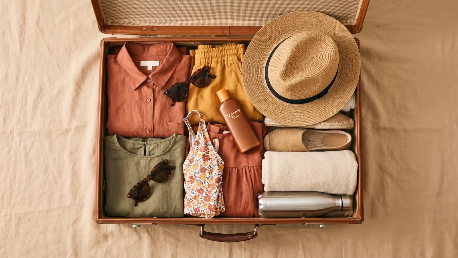 Maleta abierta con ropa ligera, bañador, sudadera, gorra y crema solar, lista para un viaje a Tenerife