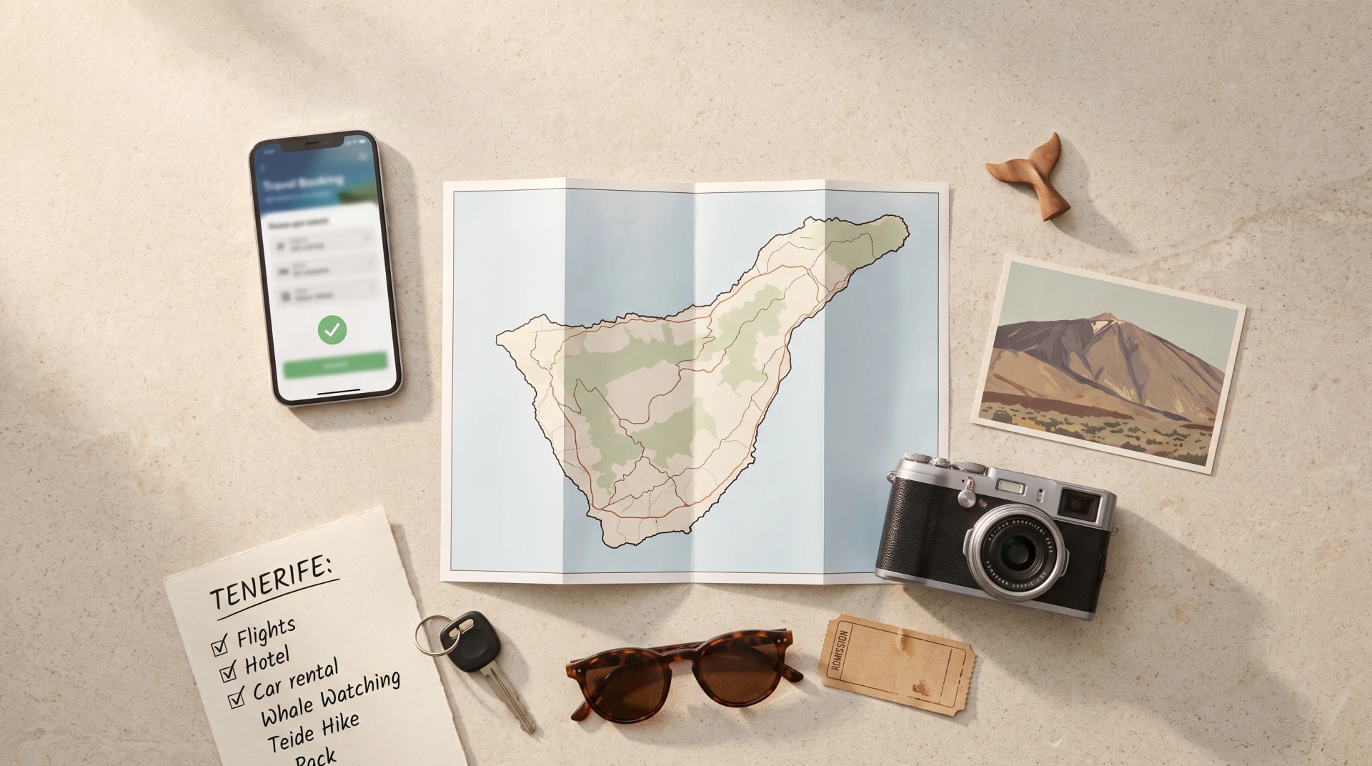 Mapa de Tenerife con checklist de viaje, app de reservas en el móvil, cámara, llaves del coche, gafas de sol y cola de ballena: planificar qué reservar antes de viajar