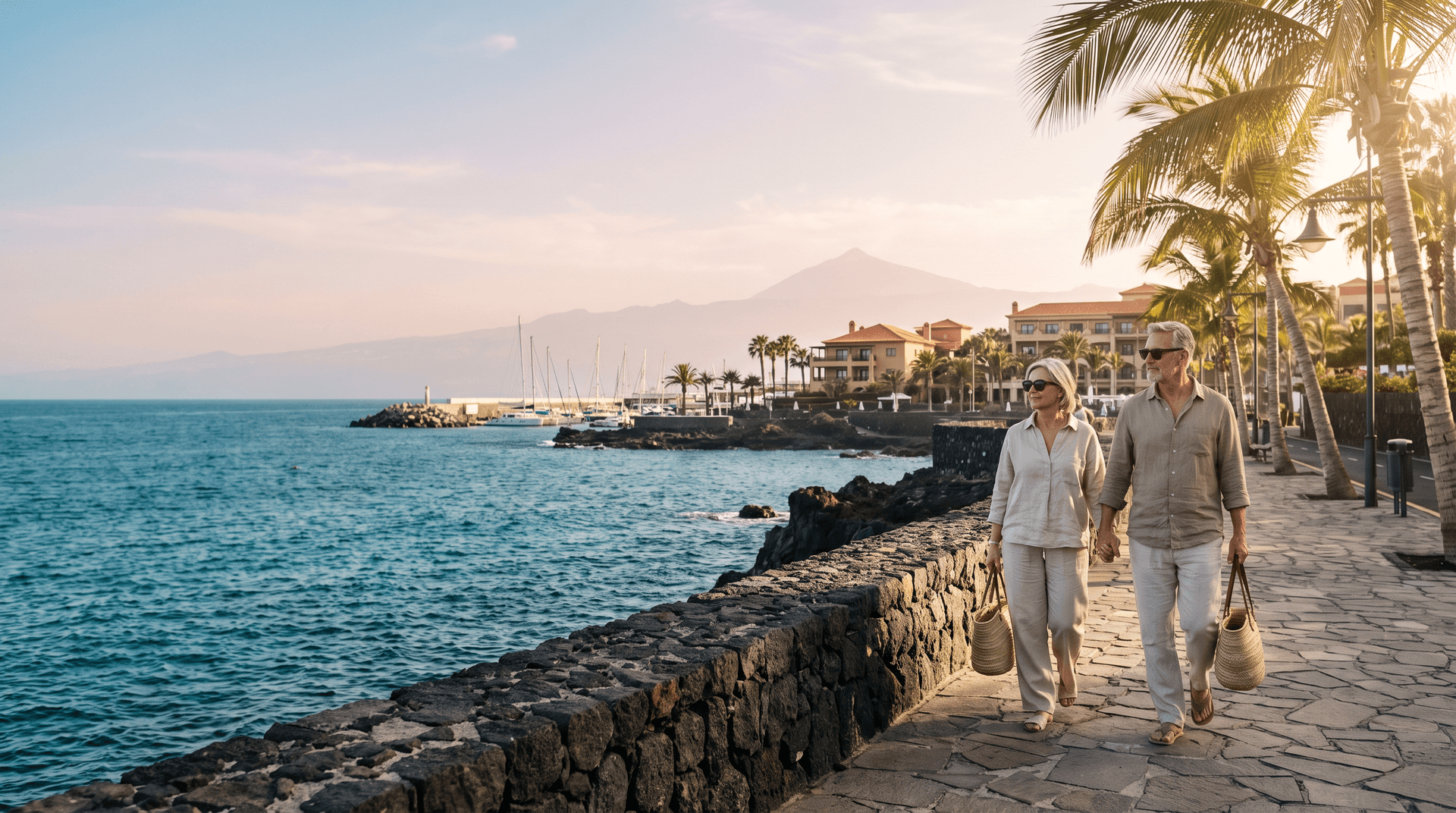 Vista de la costa sur de Tenerife con puerto, hoteles, palmeras y el Teide al atardecer