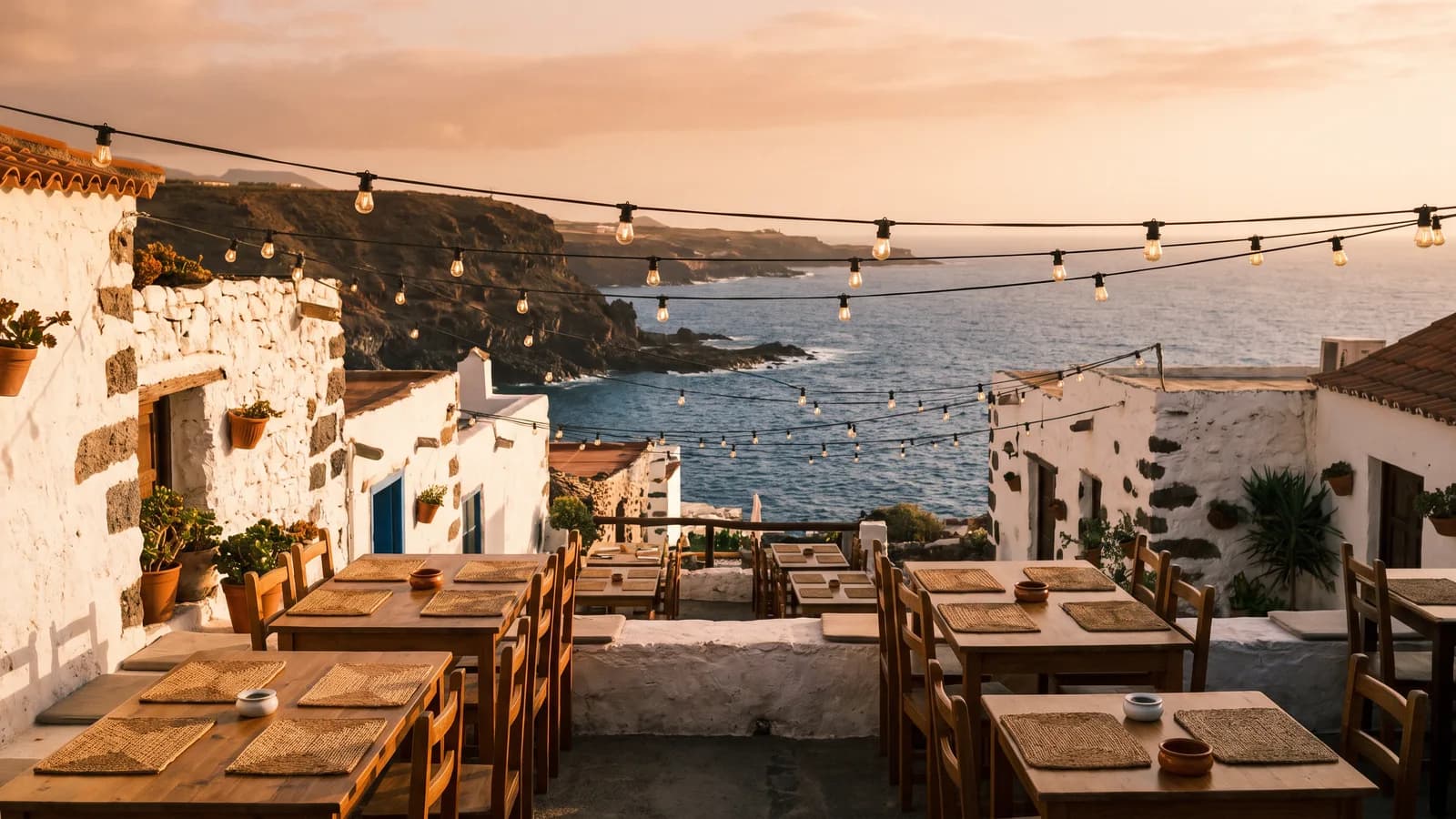 Terraza de un restaurante de pescado en un pequeño puerto del sur de Tenerife al atardecer