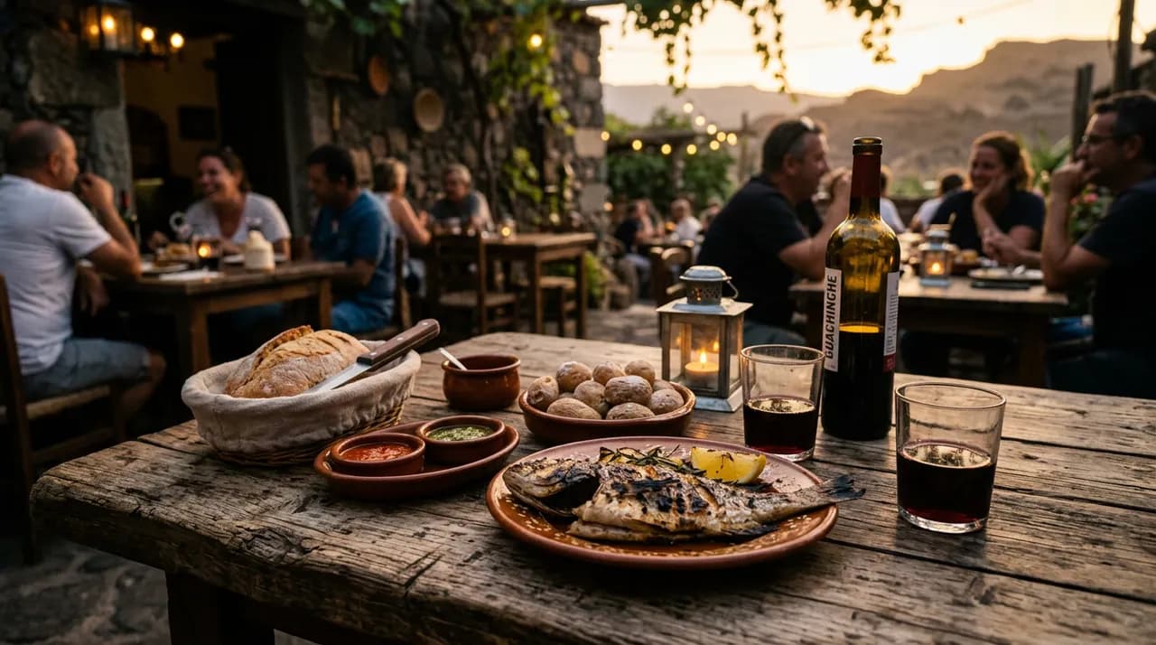 Mesa de un guachinche en el norte de Tenerife con papas arrugadas, mojo y vino local