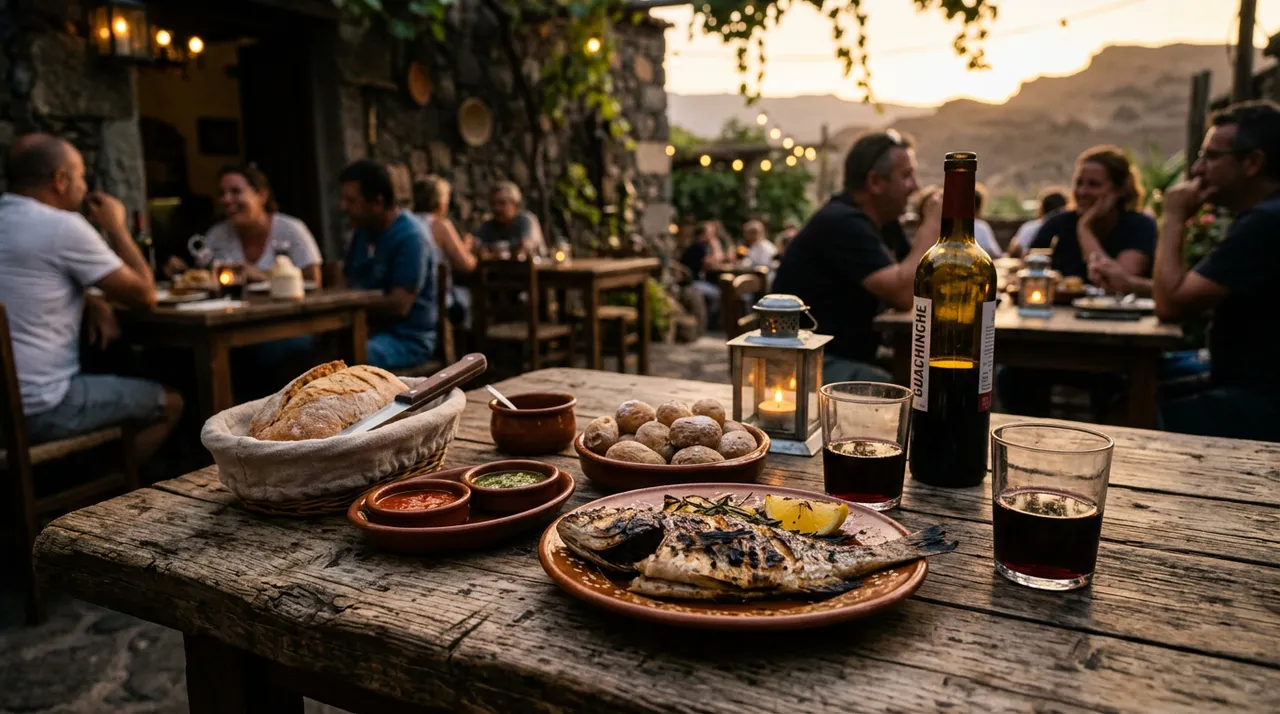 Mesa de un guachinche en el norte de Tenerife con papas arrugadas, mojo y vino local
