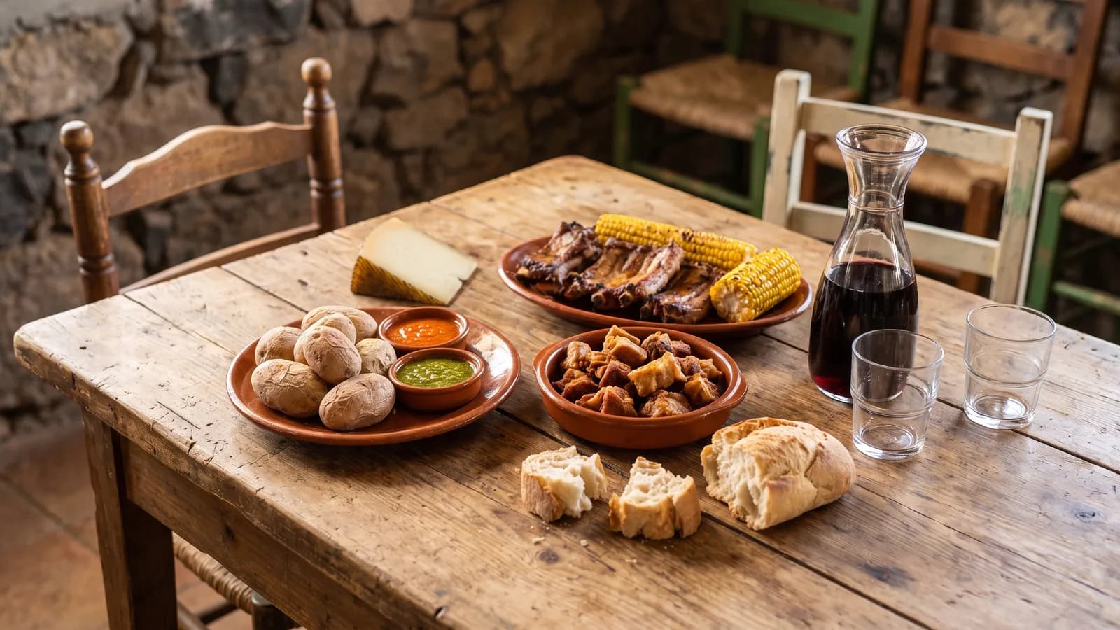 Mesa rústica de un guachinche de Tenerife con platos canarios, papas arrugadas y vino del país en jarra