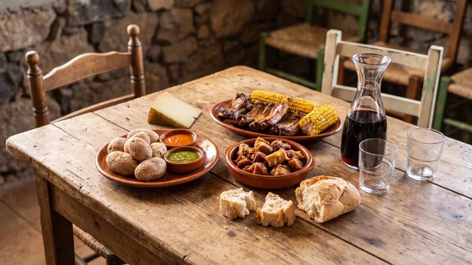 Mesa rústica de un guachinche de Tenerife con platos canarios, papas arrugadas y vino del país en jarra
