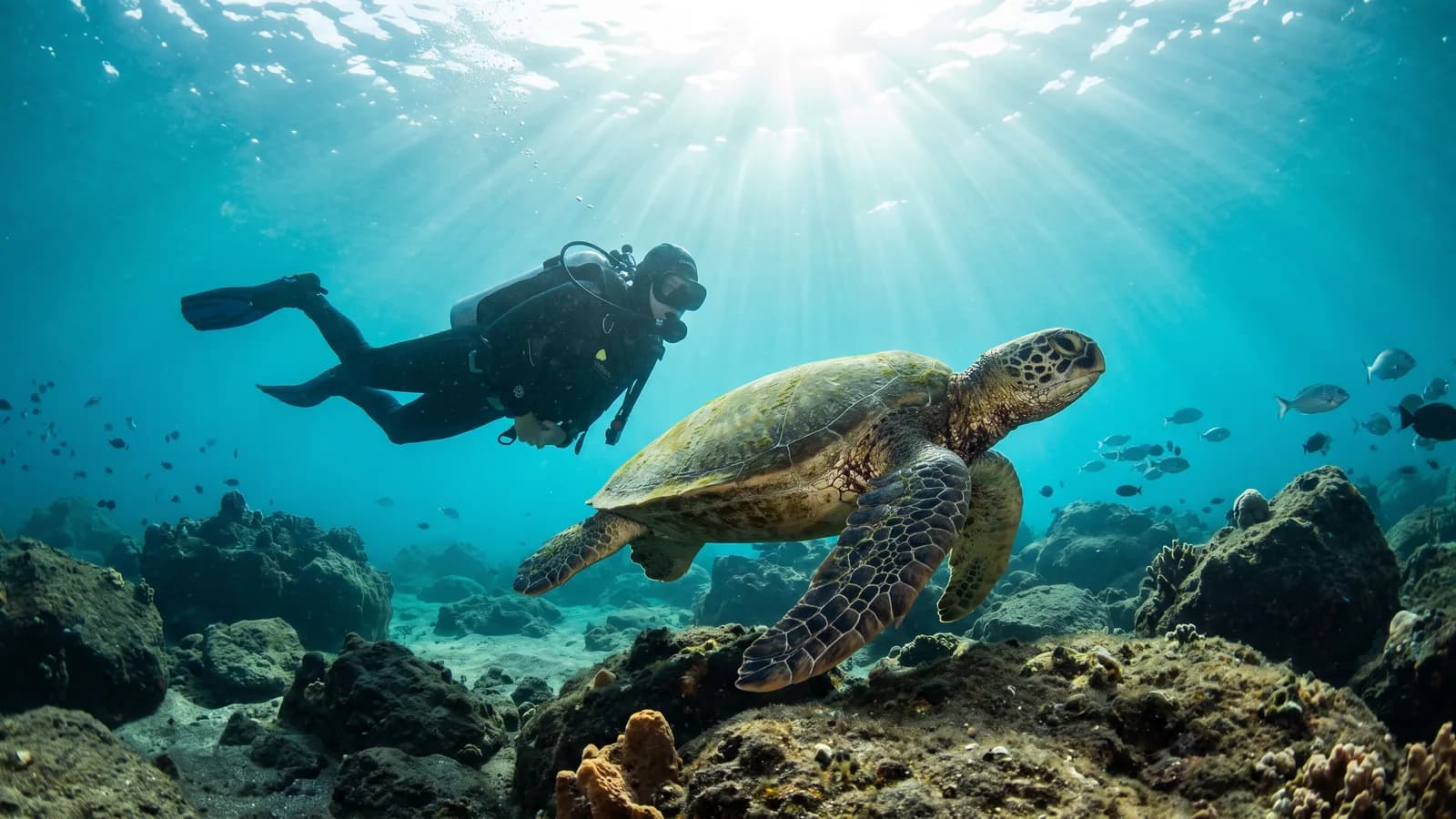 Buceador nadando junto a una tortuga verde en aguas claras de Tenerife, con fondo volcánico y rayos de sol