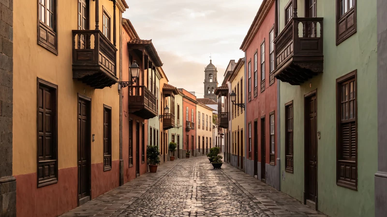 Calle del casco histórico de La Laguna, en Tenerife, con fachadas coloniales canarias de colores y la torre de la iglesia al fondo