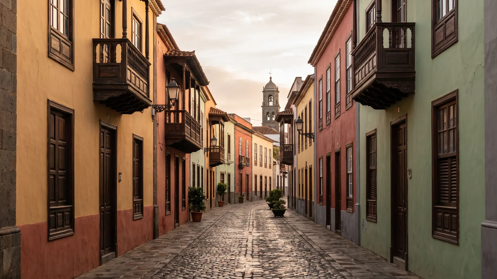 Calle del casco histórico de La Laguna, en Tenerife, con fachadas coloniales canarias de colores y la torre de la iglesia al fondo