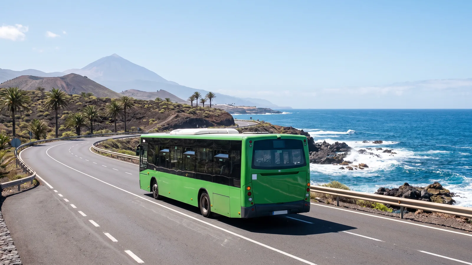 Una guagua verde en una carretera costera de Tenerife con el Teide al fondo: moverse por la isla sin coche