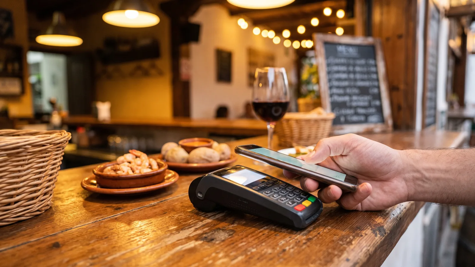 Viajero consultando descuentos y ofertas en el móvil en una terraza al sol en Tenerife