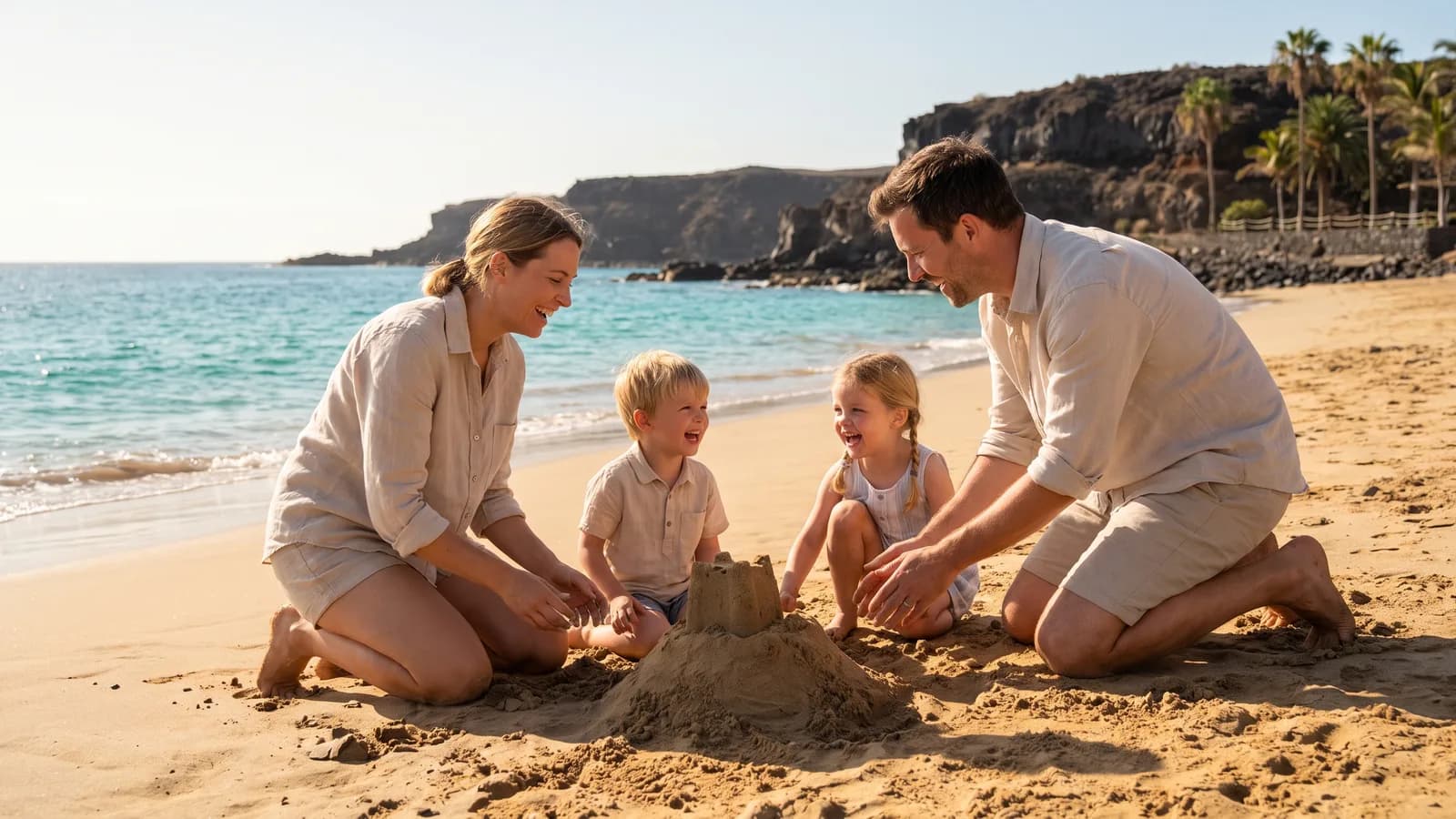 Familia con dos niños construyendo un castillo de arena en una playa dorada del sur de Tenerife