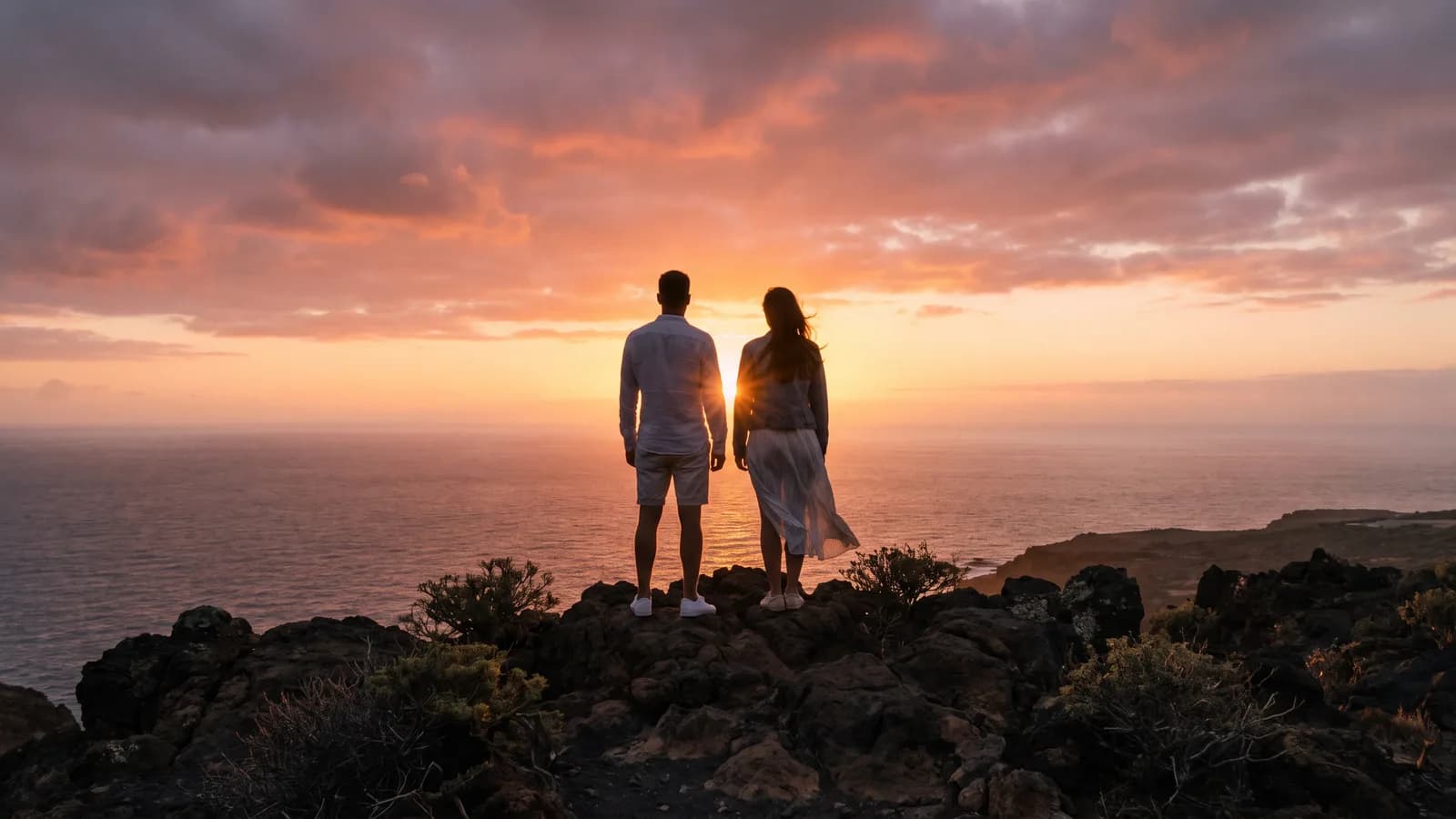 Pareja de espaldas mirando el atardecer sobre el océano desde los acantilados de Tenerife, cielo anaranjado sobre el Atlántico
