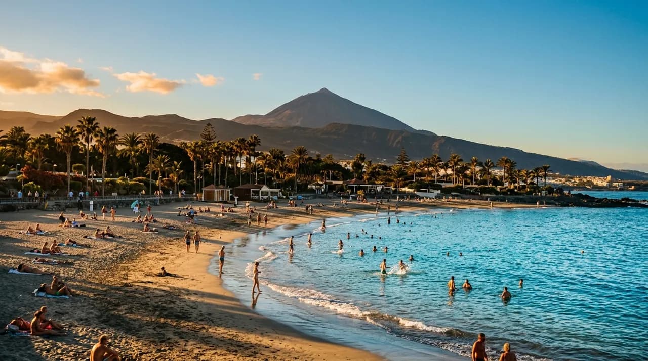 Sunny Costa Adeje beach in winter, with bathers and a clear December sky in Tenerife