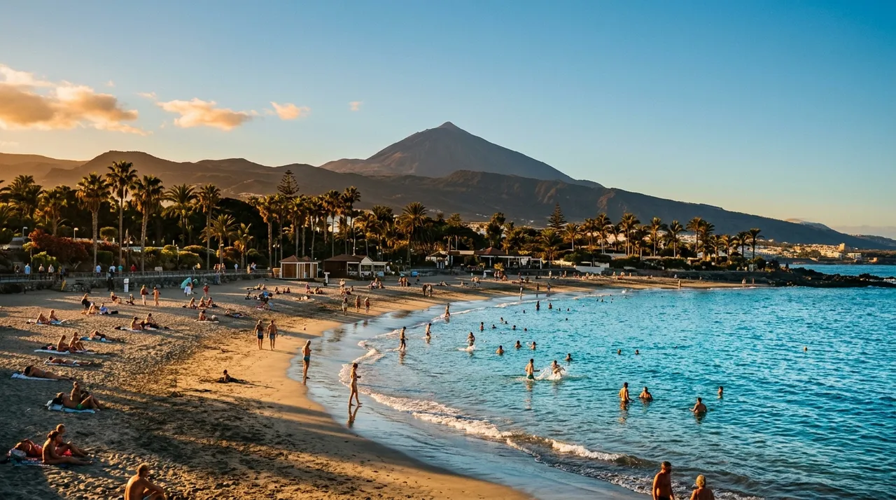 Playa soleada de Costa Adeje en invierno, con bañistas y cielo despejado de diciembre en Tenerife