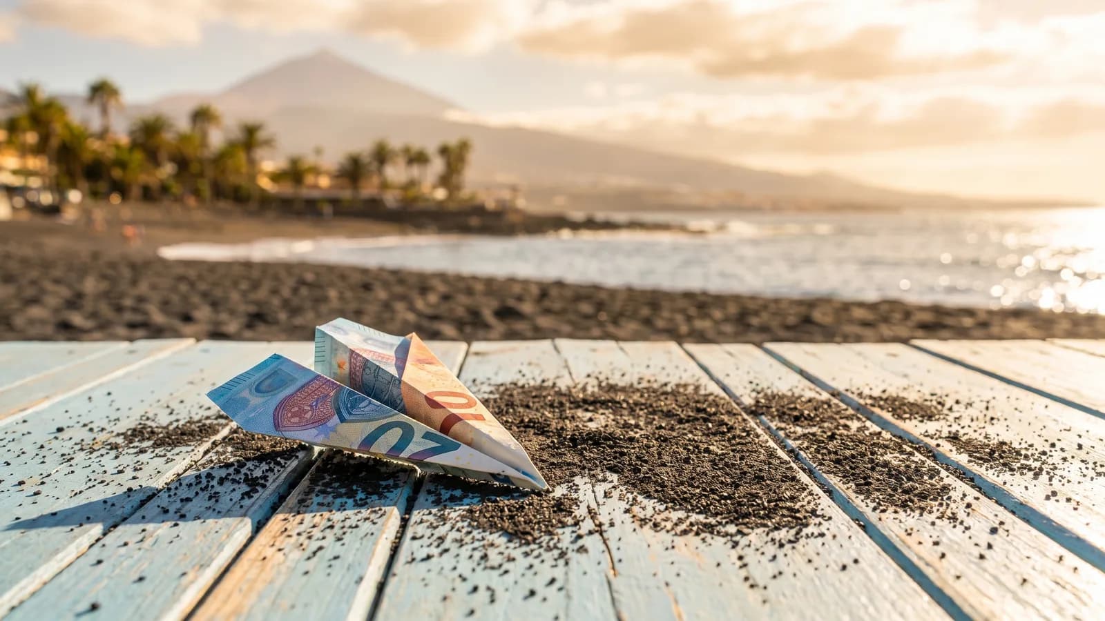 Billete de euro plegado en forma de avioncito de papel sobre un pontón de madera azul con arena negra volcánica, playa y Teide al atardecer al fondo: viajar a Tenerife gastando poco