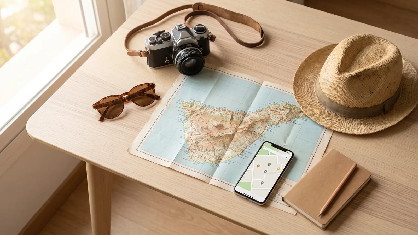 Mapa de Tenerife abierto sobre una mesa de madera con cámara de fotos, gafas de sol, sombrero de paja, smartphone y libreta: planificar el primer viaje a la isla