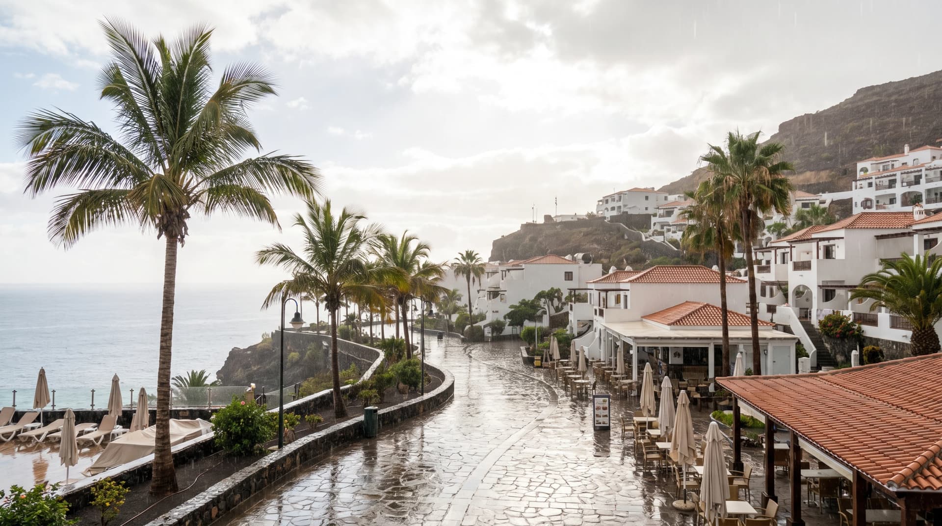 Paseo marítimo mojado en Tenerife tras la lluvia: sombrillas cerradas, suelo brillante y cielo nublado — día típico de plan B bajo techo